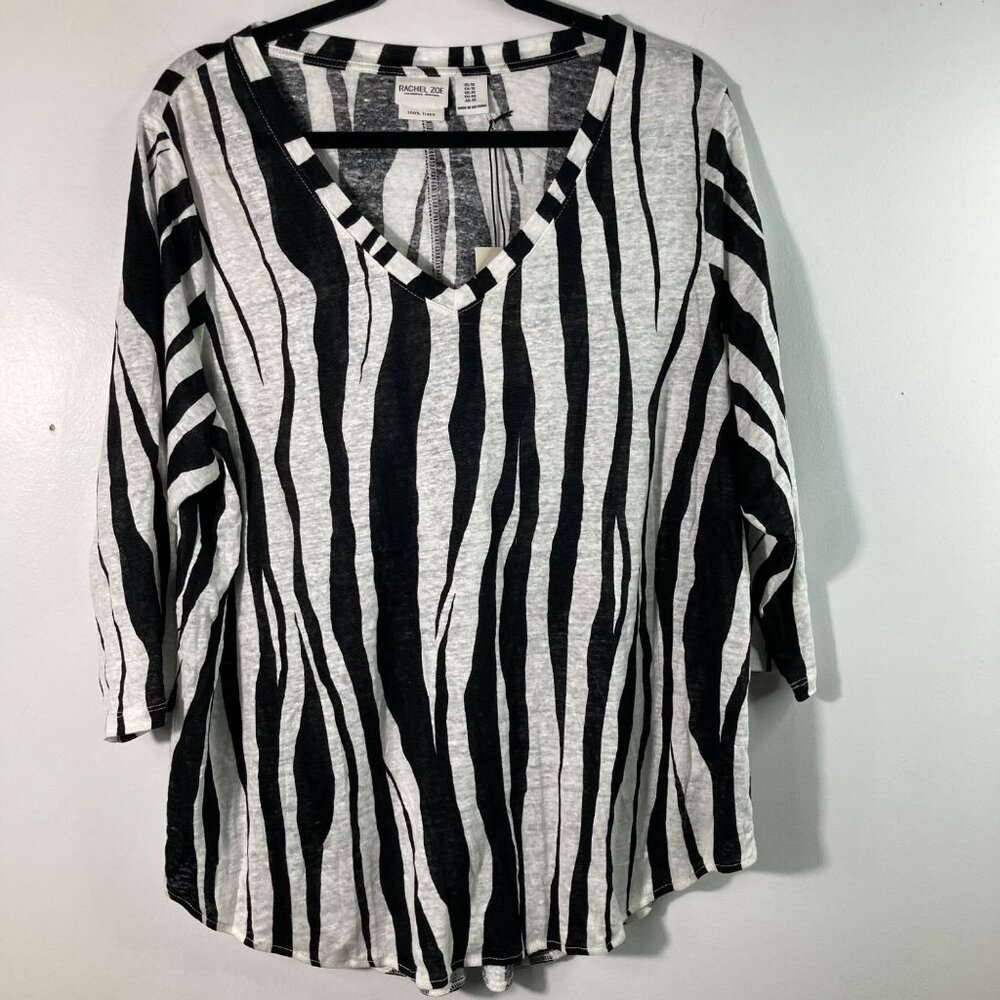 Womens‎ Rachel Zoe V Neck Striped Linen Knit Top 3/4 Sleeve 1X Linen NWT